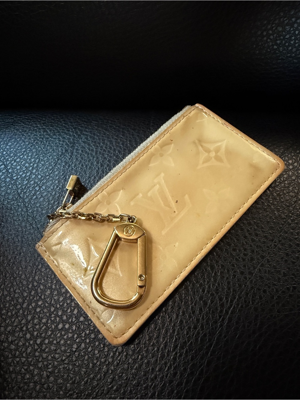 Louis Vuitton Beige Patent Monogram Key Pouch with Gold Chain